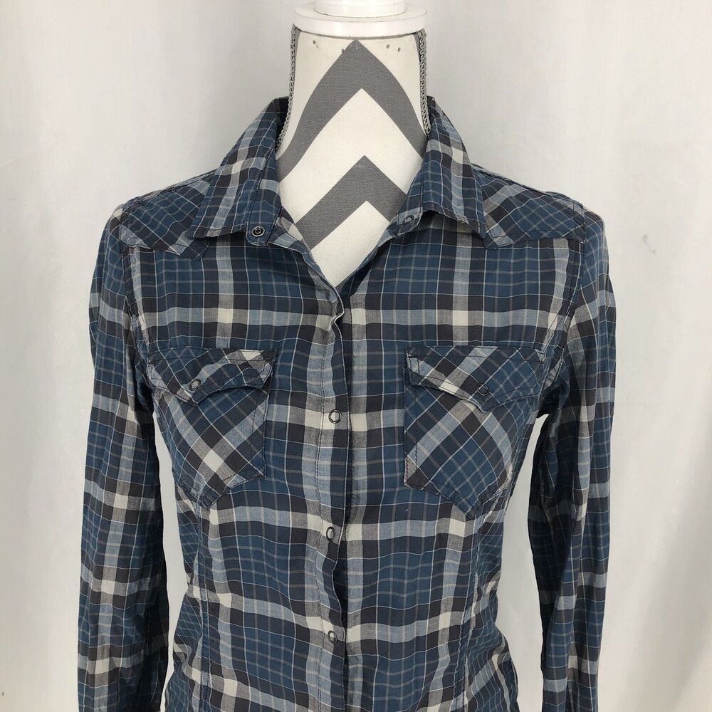 Converse Blue Gray Flap Front Pockets Snap Front Rolltab Shirt P311W434 XS
